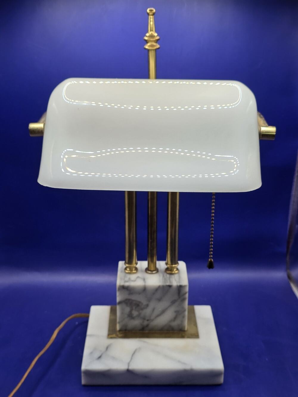 Vintage Brass White Marble Bankers Lamp White Milk Glass Shade 19.75" Tall